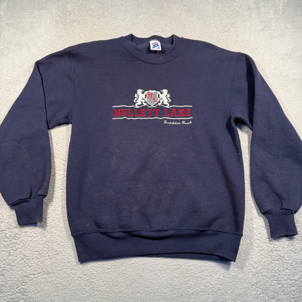 Vintage 90s Jerzees Sweatshirt Adult M Navy Mullett Lake Embroidered Made in USA